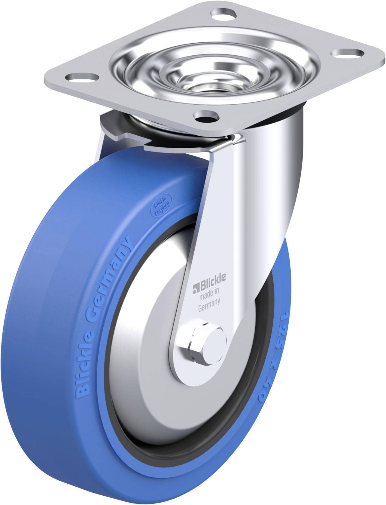 Eine blaue Lenkrolle mit silbernem Gehäuse. Text auf der Rolle: 'Blickle Germany'.