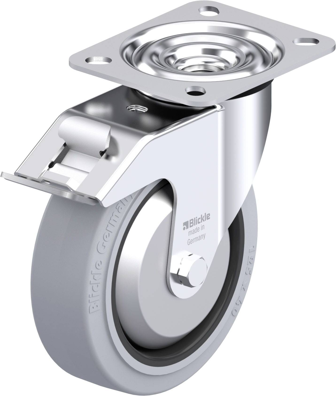 Metallisches, schwenkbares Rad mit grauem Reifen, montiert auf einer quadratischen Platte mit Befestigungslöchern.