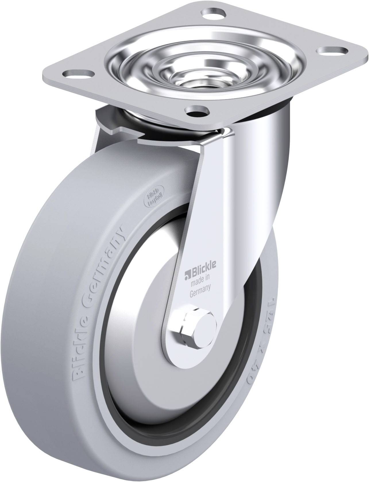 Industrie-Rad aus Metall und Gummi mit Befestigungsplatte, geeignet für Schwerlastanwendungen.