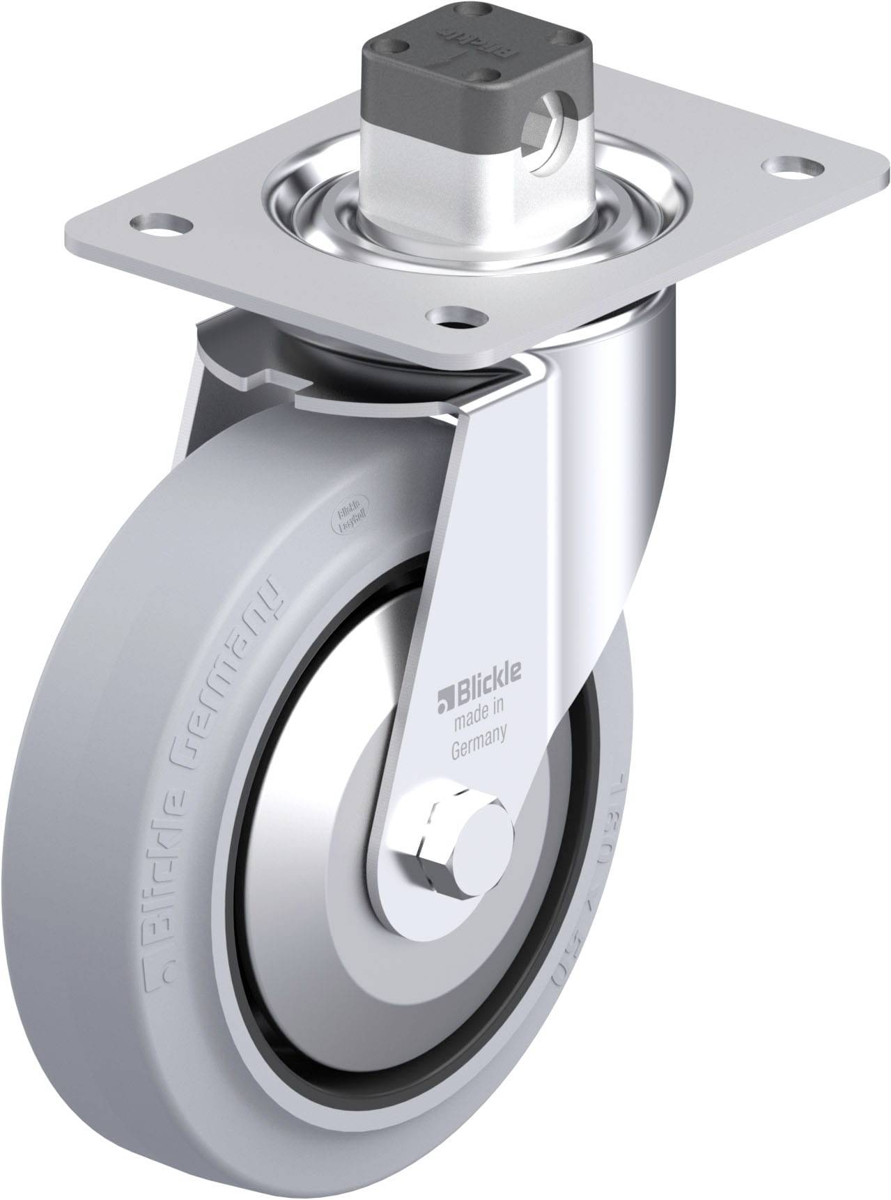 Graues drehbares Rad mit Befestigungsplatte aus Metall, geeignet für industrielle Anwendungen, Herstellername 'Blickle' sichtbar.