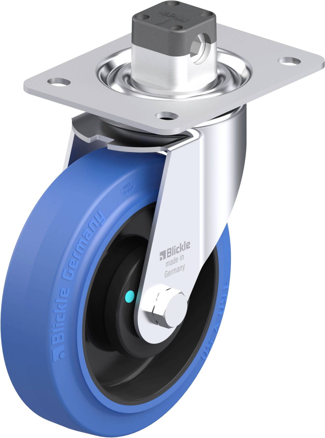 Eine blaue Lenkrolle mit grauer Metallhalterung, entwickelt für schwere Lasten. Die Rolle zeigt das Logo sowie den Herstellungsort in Deutschland.