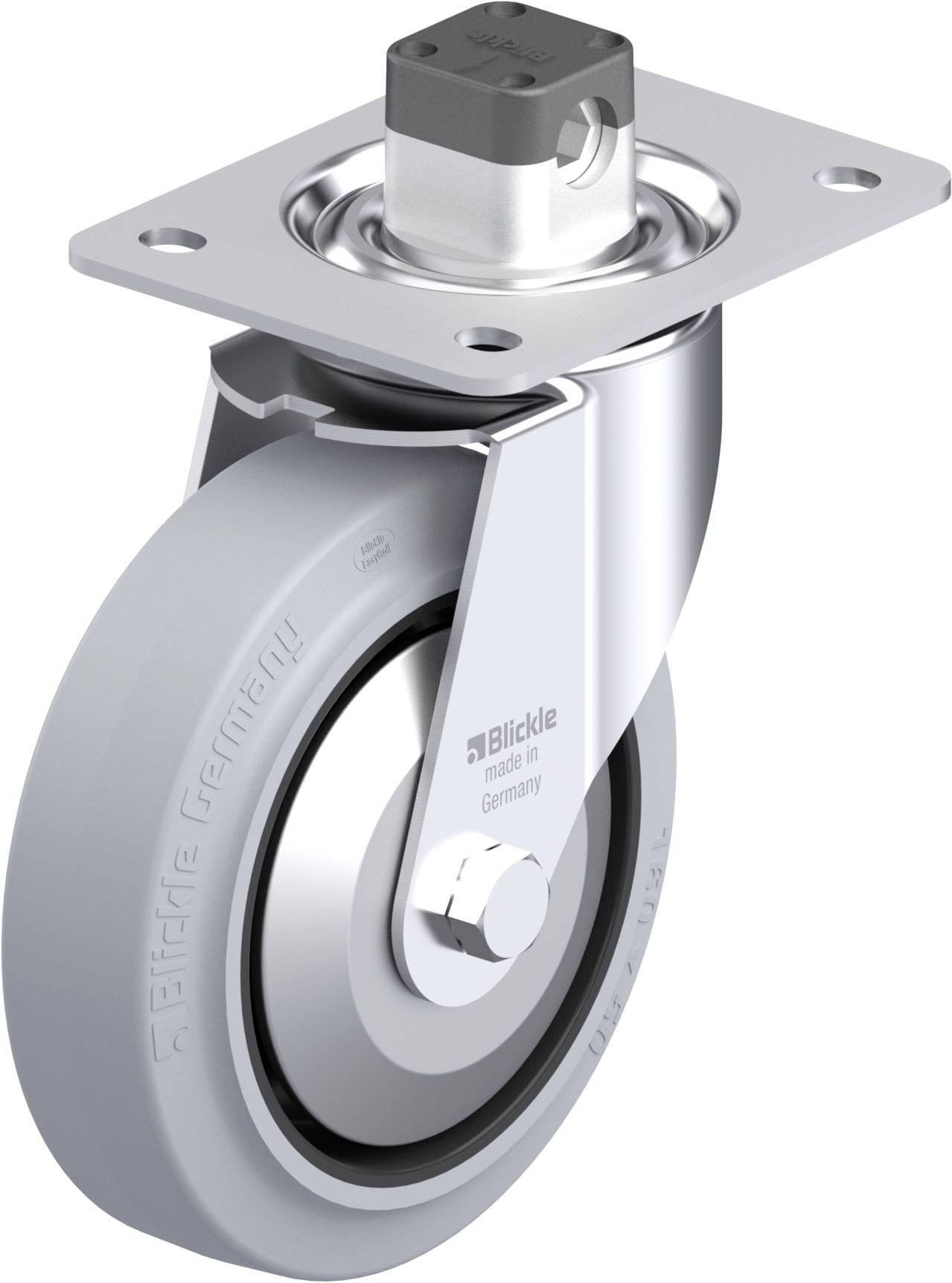 Eine graue Industrie-Lenkrolle mit Metallhalterung und rechteckigem Befestigungsplattensockel. Beschriftet mit 'Blickle, made in Germany'.