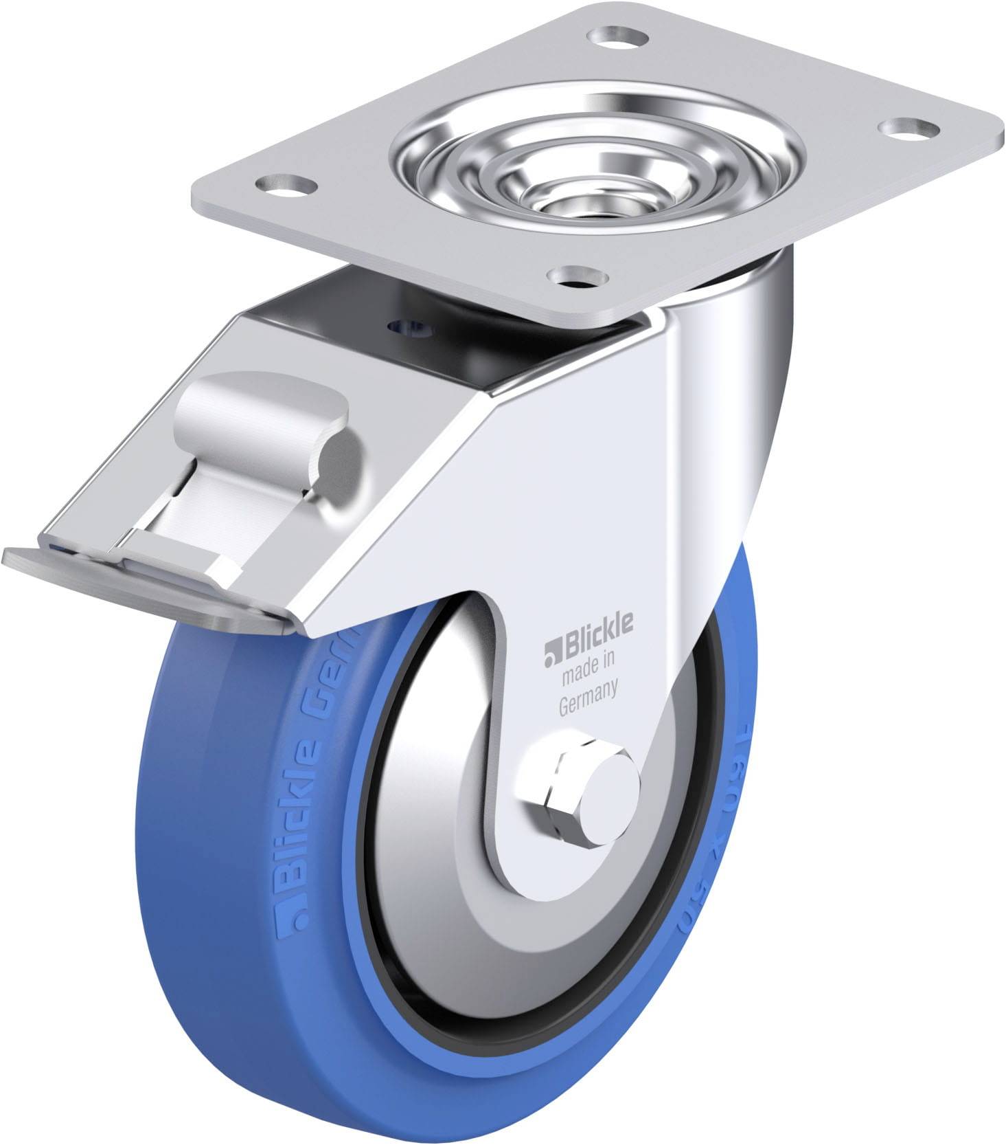 Industrie-Rolle für Transportwagen, blaues Rad mit Metallhalterung. Gleitet reibungslos, geeignet für schwere Lasten.