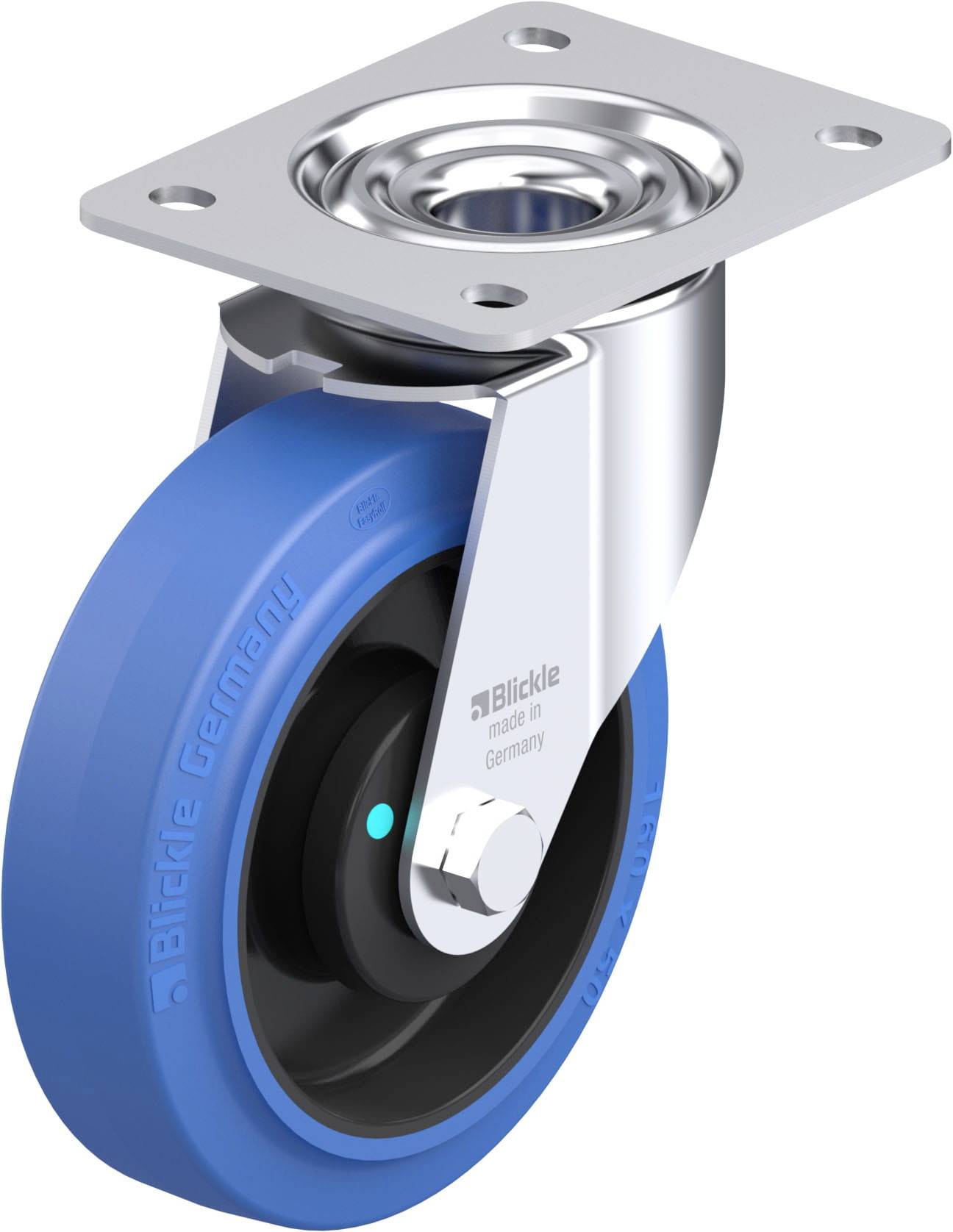Ein blaues Rad mit Metallhalterung und Ankerplatte. 'Blickle, made in Germany' ist auf der Halterung zu sehen. Geeignet zum Rollen.