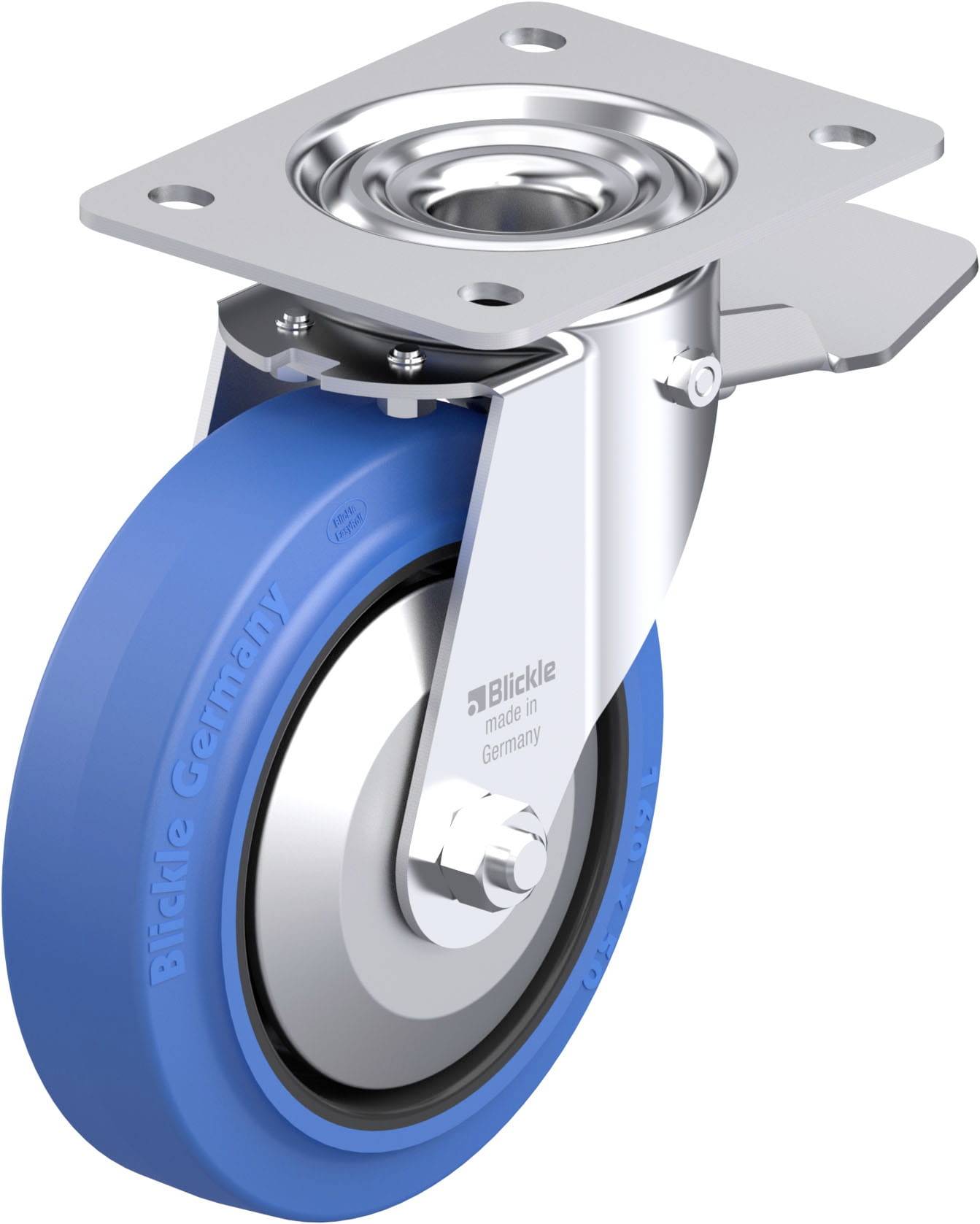 Eine blaue Lenkrolle mit Metallhalterung und Drehplatte. Aufschrift: 'Blickle made in Germany'. Verwendet für Transportgeräte.