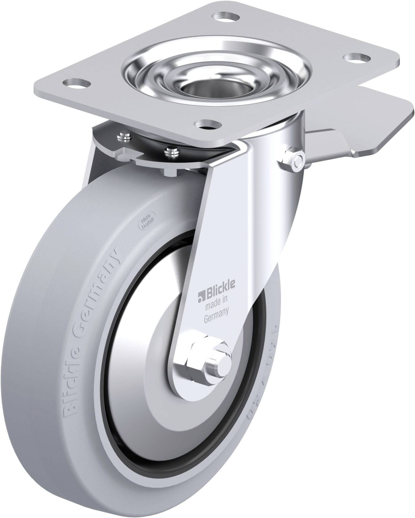 Schwenkrolle mit grauem Rad, Metallsockel und Befestigungsplatte. Ideal für Transportwagen oder Möbel. Hergestellt in Deutschland.