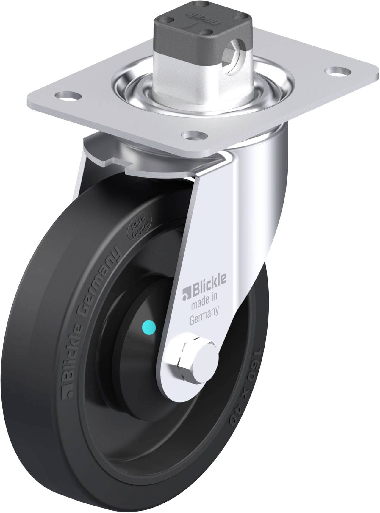 Schwenkrolle mit schwarzem Rad und silbernem Gehäuse, gefertigt von Blickle in Deutschland. Keine weiteren Details sichtbar.