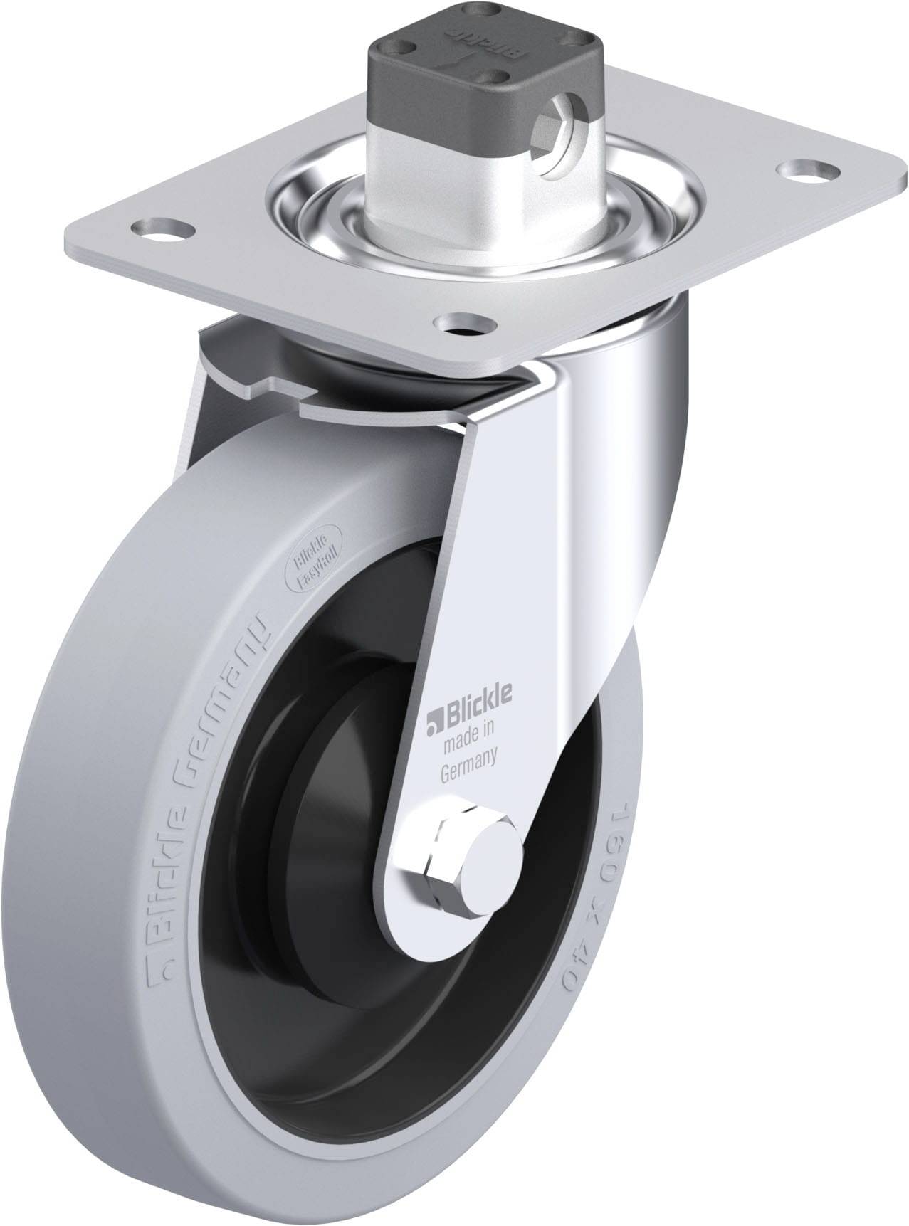 Industrie-Rolle mit silbernem Metallgehäuse und grauer Kunststofflauffläche, montiert auf einem rechteckigen Metallträger.