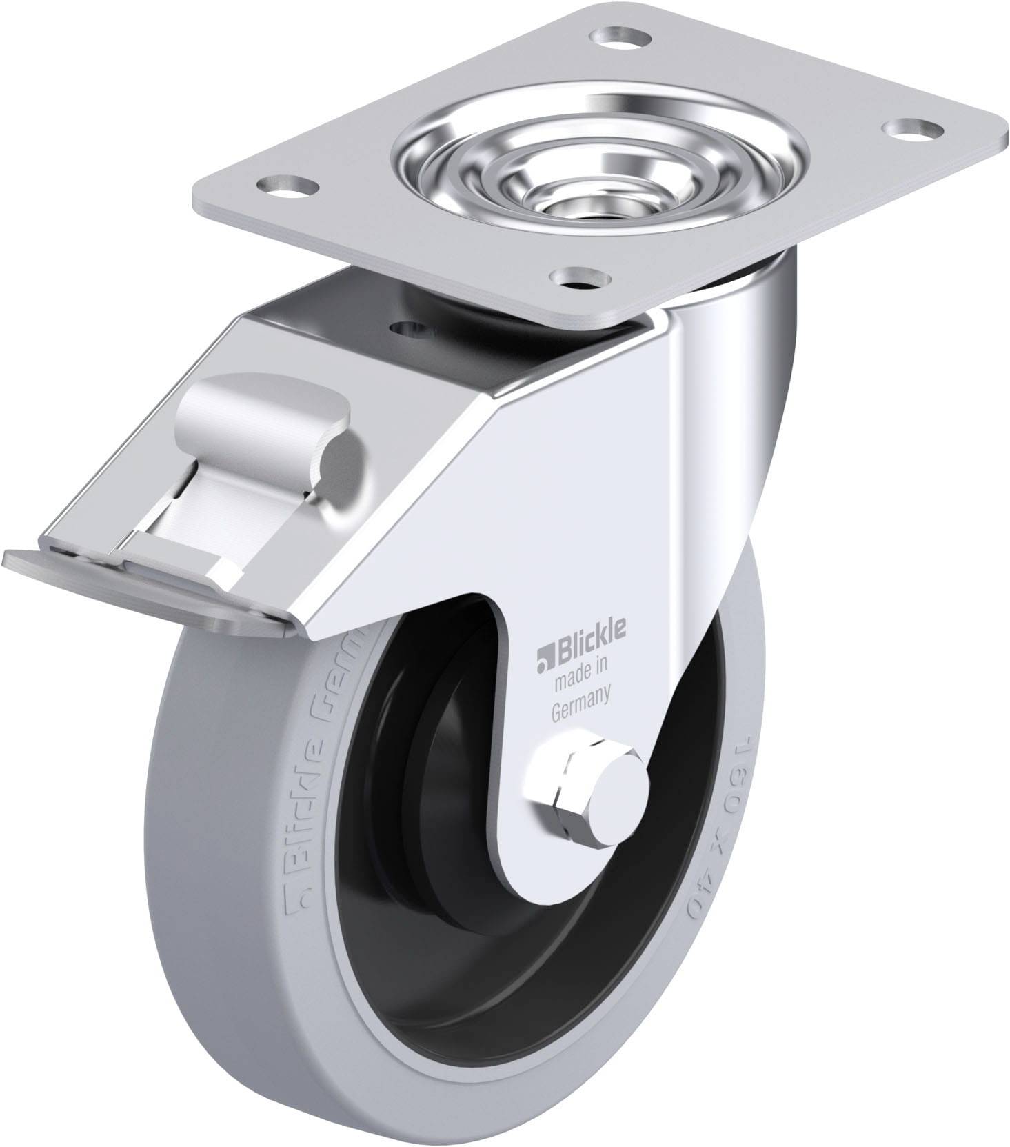 Metallisches Drehgelenk-Lenkrolle mit grauem Rad, Befestigungsplatte oben. Geeignet für Möbel oder Gerätebewegung.