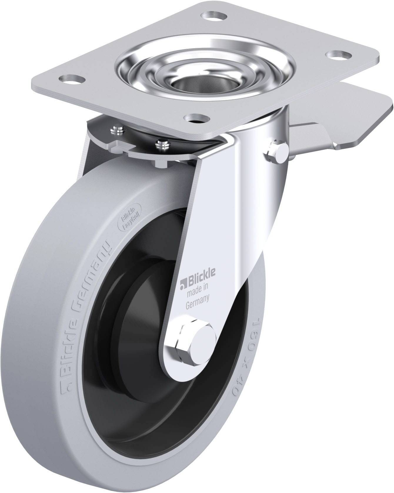 Industrie-Lenkrolle aus Metall mit grauem Reifen, geeignet für den Einsatz in Maschinen und Möbeln, bietet hohe Tragfähigkeit und Wendigkeit.