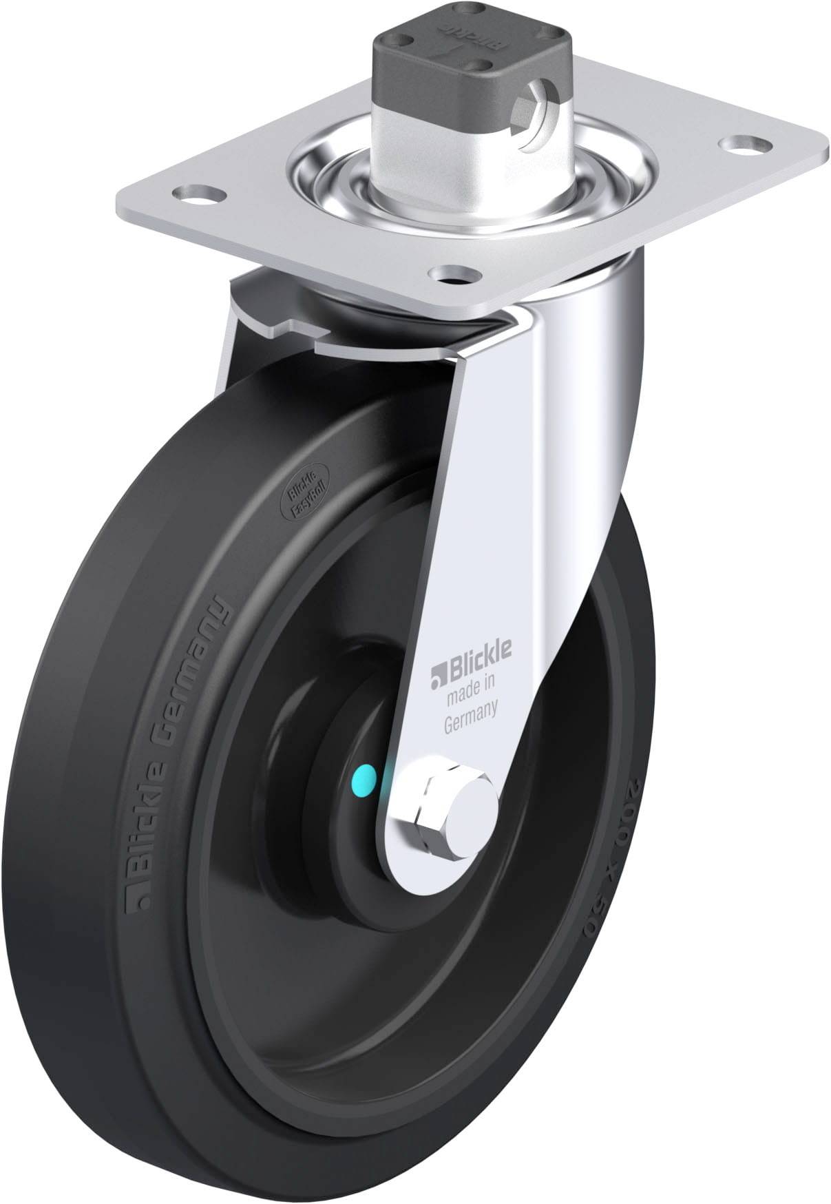 Industrielle Laufrolle mit schwarzem Rad und robustem Metallgehäuse, geeignet für schwere Lasten und vielseitige Anwendungen.