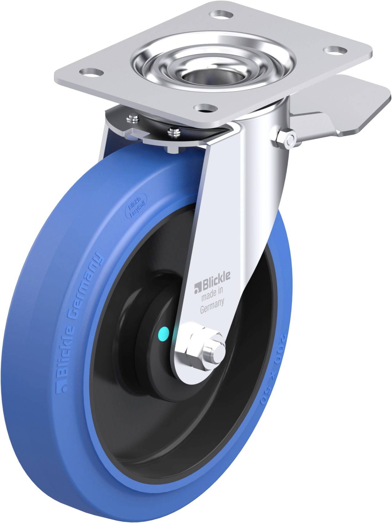 Ein blaues Gummi-Lenkrollenrad mit silberner Halterung und Drehgelenk, von der Marke 'Blickle', geeignet für Transportgeräte.