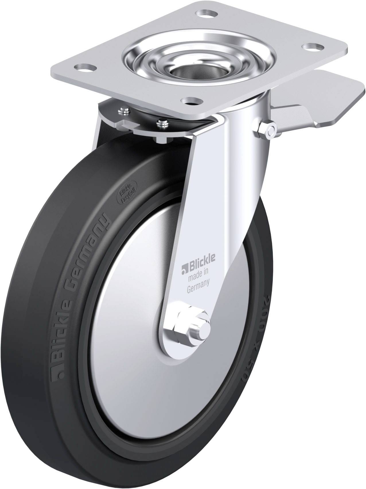 Rolle mit schwarzem Gummirad und silbernem Metallgehäuse, für Möbel oder Geräte. Hergestellt in Deutschland von Blickle.