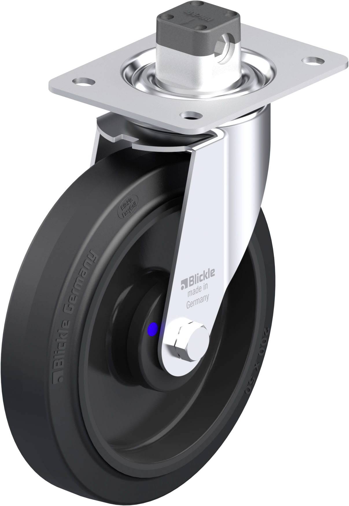 Industrie-Rolle mit schwarzem Rad und metallischer Halterung; Aufschrift 'Blickle made in Germany'.