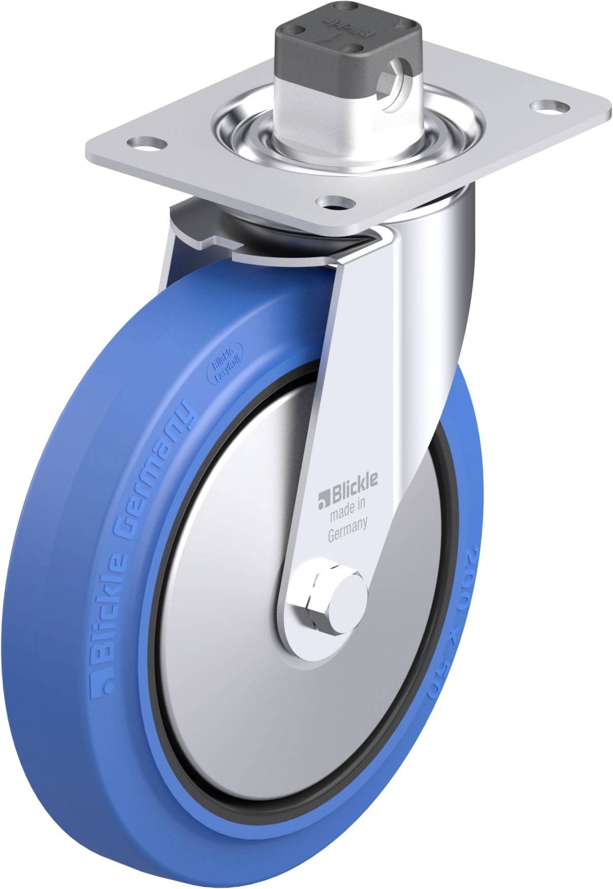 Schwenkrolle mit blauem Rad und Metallhalterung, geeignet für Transportgeräte. Markierung 'Blickle Germany' an der Seite des Rades.