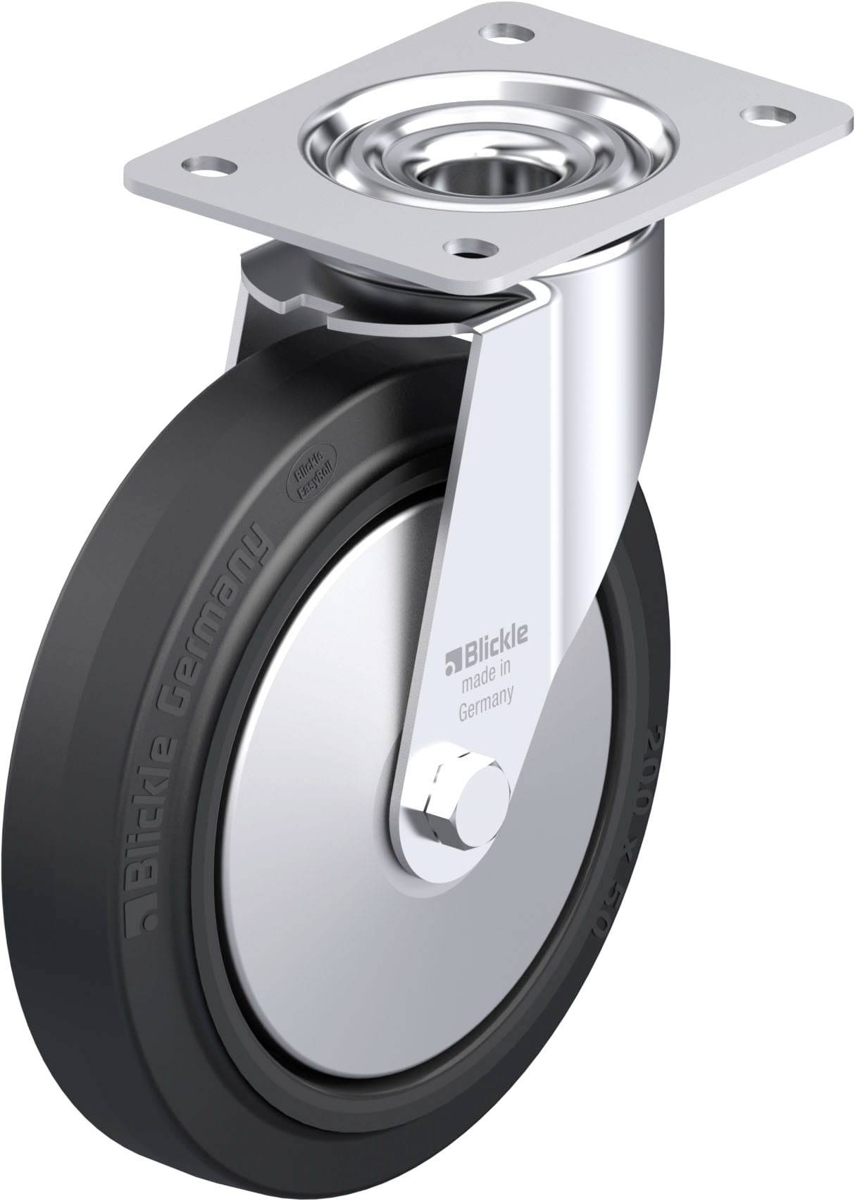 'Schwenkrolle aus Metall mit Gummireifen, montiert auf rechteckiger Metallplatte. Aufschrift: 