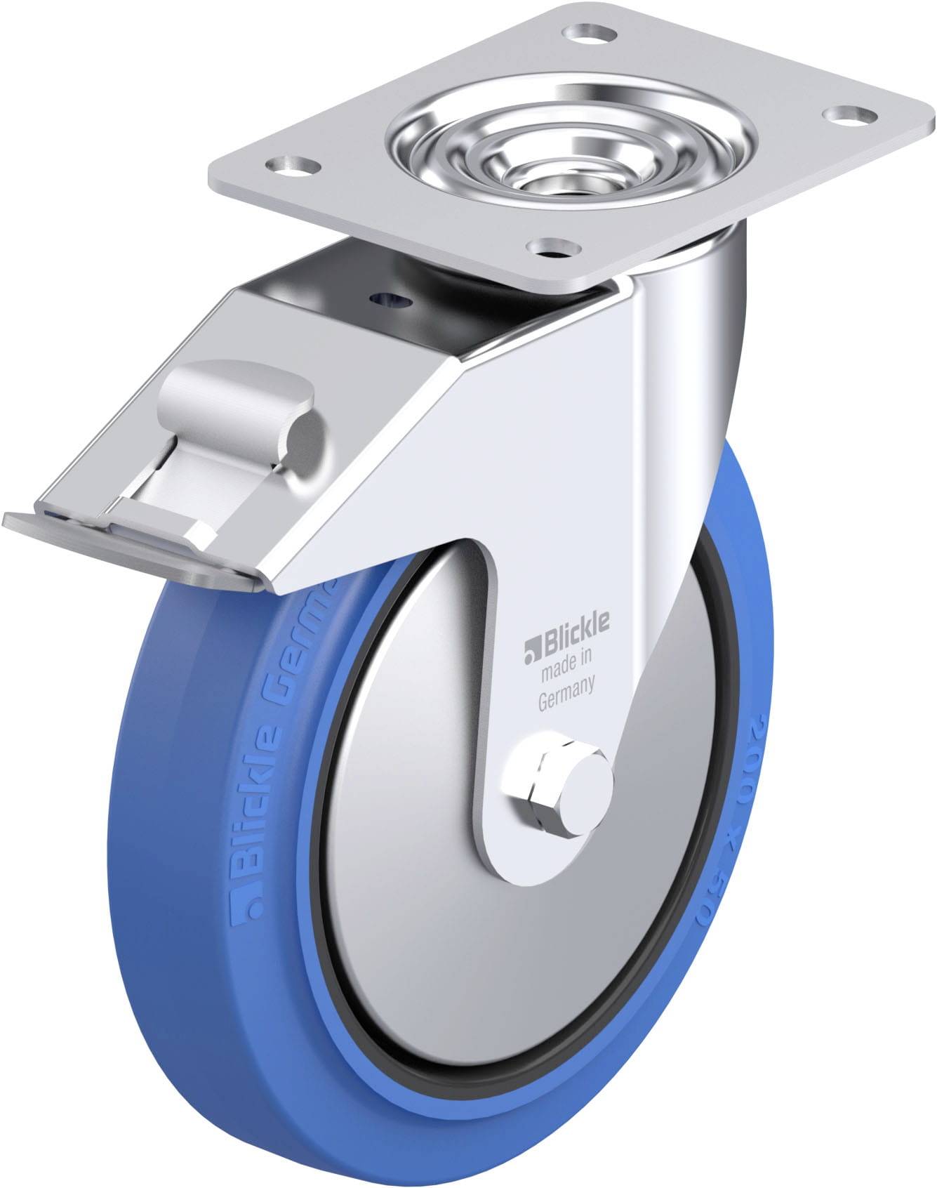 Ein Metall-Lenkrolle mit blauer Gummibereifung und Stirnplatte zur Befestigung. Geeignet für den Einsatz an Transportwägen.
