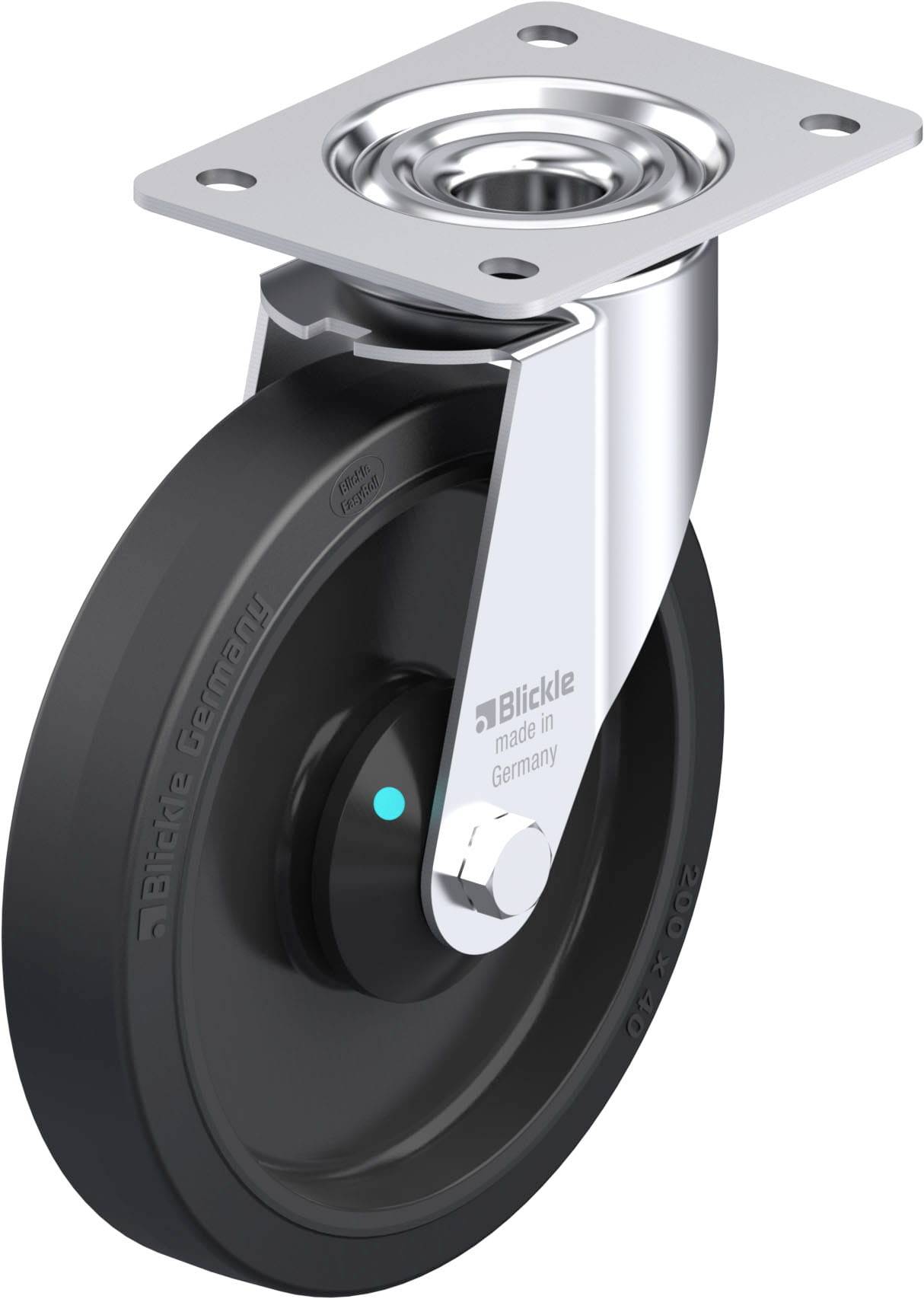 Schwenkrolle mit schwarzem Rad und silbernem Halter, beschriftet mit 'Blickle made in Germany'.