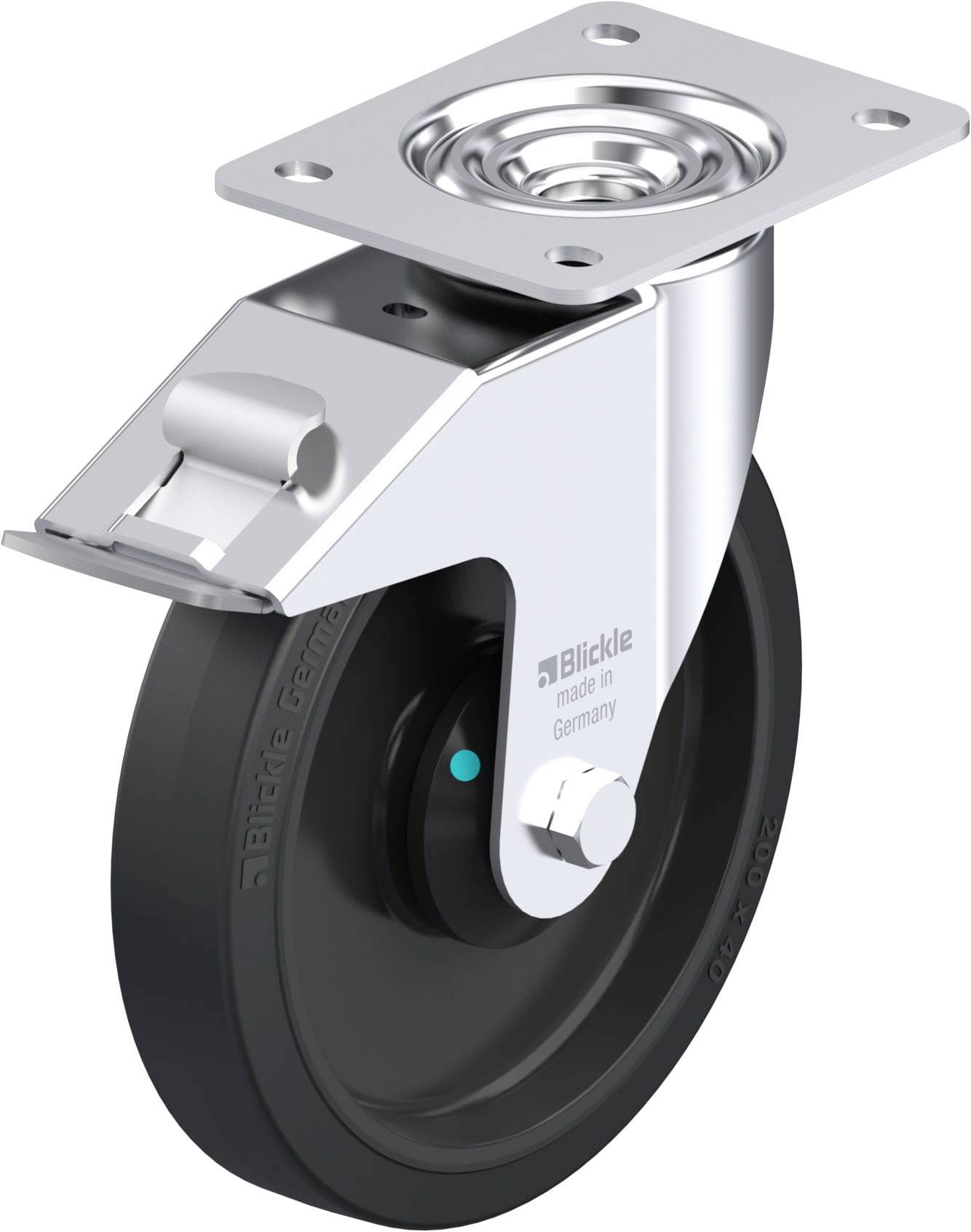 Schwenkrolle mit Bremse, schwarzes Rad, silbernes Gehäuse, technische Aufschrift 'Blickle, made in Germany'.