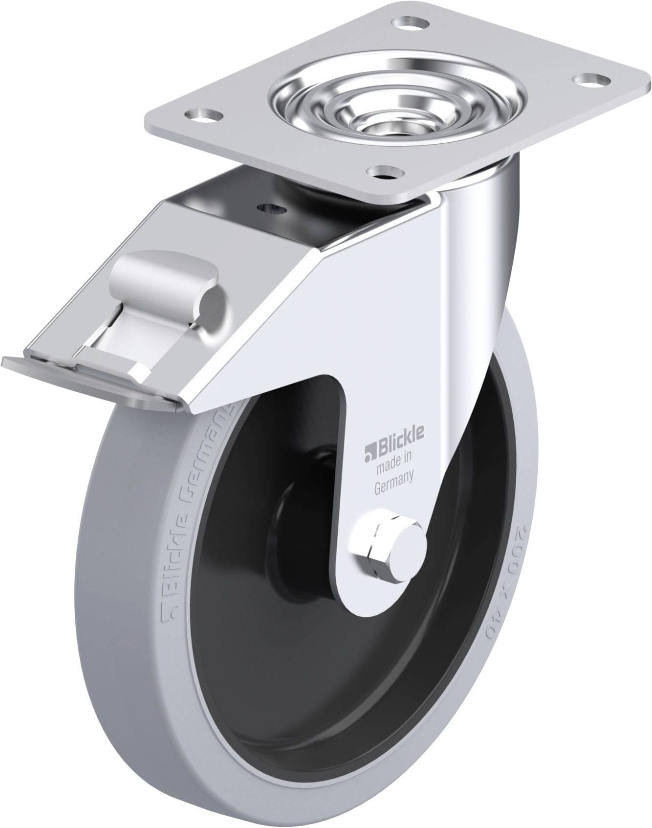 Drehbares Schwerlast-Lenkrolle mit grauem Rad und Metallhalterung. Geeignet für den industriellen Einsatz auf verschiedensten Oberflächen.