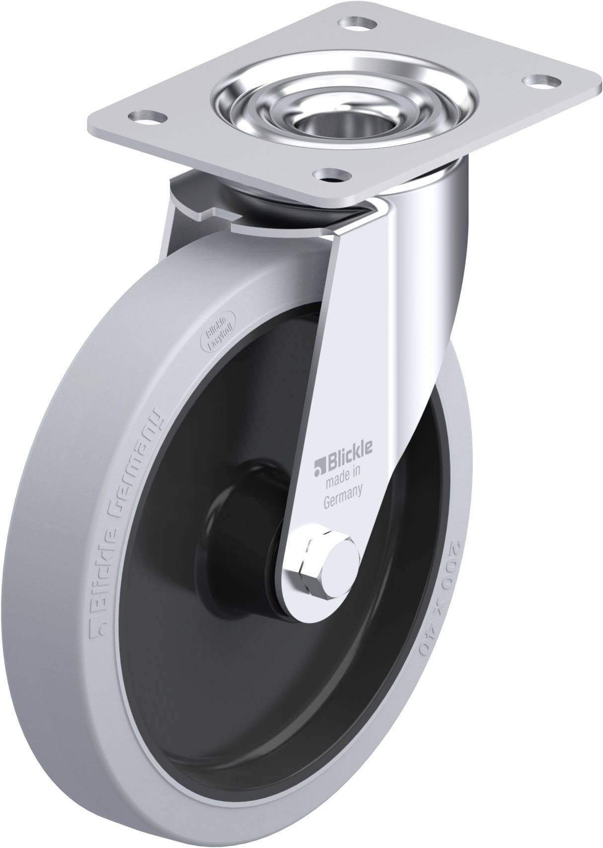 Drehbares Laufrollenrad aus Metall und Kunststoff, leicht drehbare Montageplatte. Aufschrift: Blickle, made in Germany.