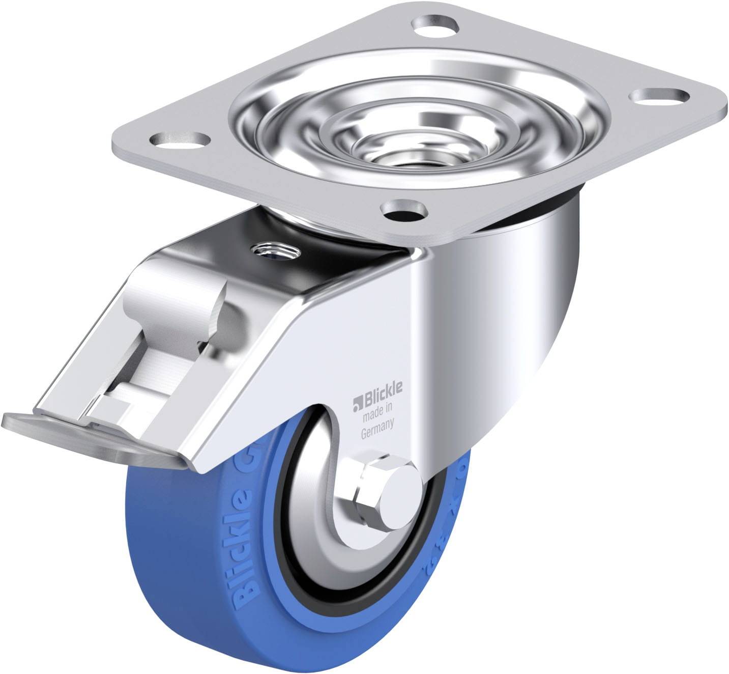 Ein blaues, drehbares Bockrad mit Metallplatte und Bremse, geeignet für Möbel oder Geräte, die mobil und stabil bleiben müssen.
