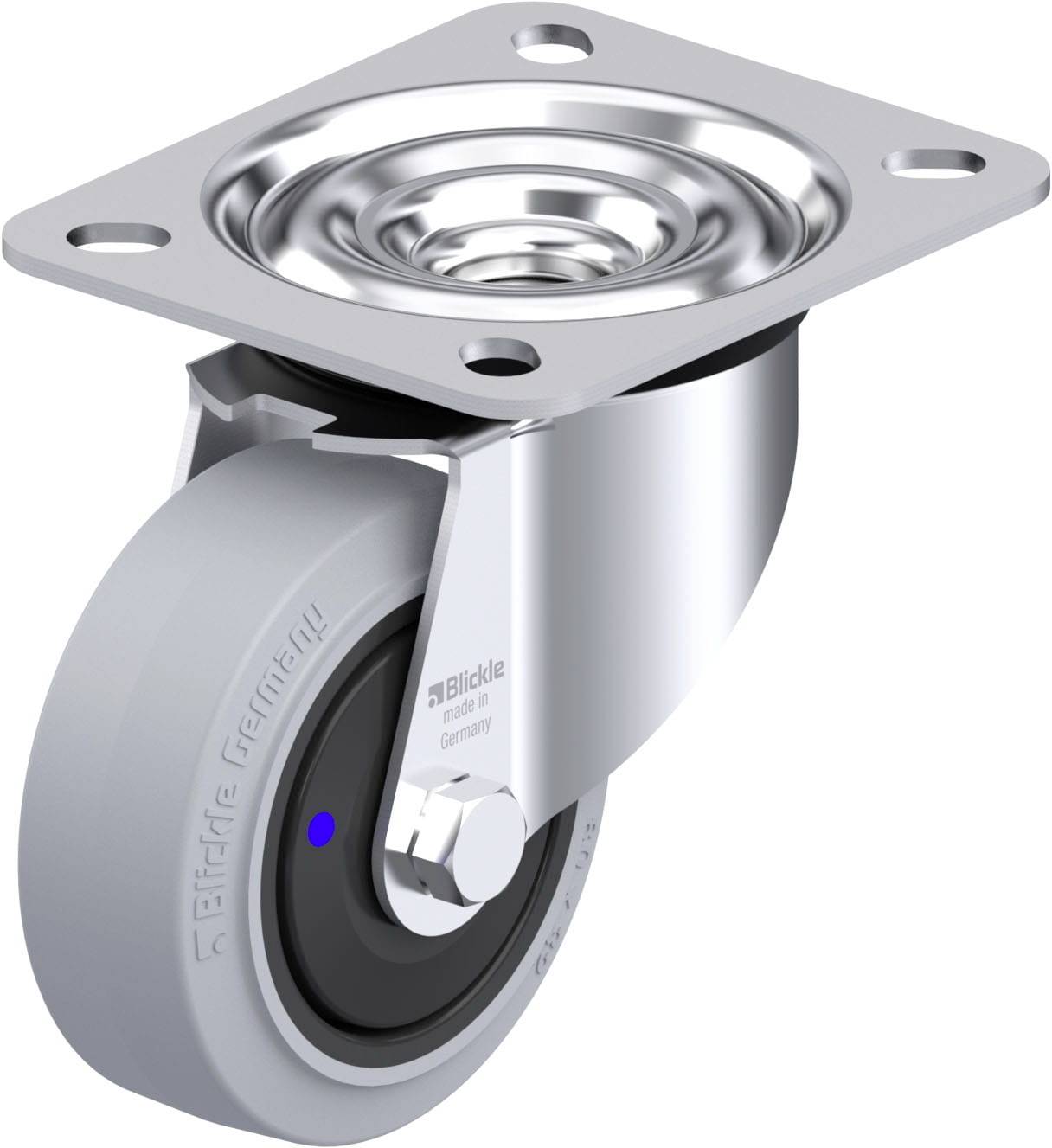 Schwenkrolle aus Metall mit grauem Gummi, quadratischer Befestigungsplatte. Ideal für Möbel oder Geräte, die mobil sein müssen.