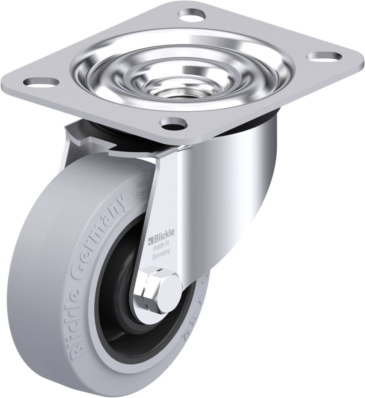 Ein drehbares Rad aus Metall und Kunststoff, montiert auf einer rechteckigen Platte mit vier Löchern zur Befestigung, geeignet für Möbel.