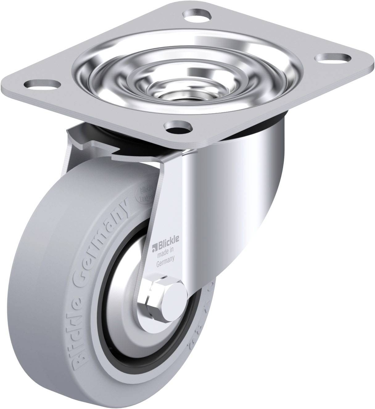 Ein kugelgelagertes Lenkrollenrad aus Metall mit einer grauen Gummibereifung, montiert an einer rechteckigen Metallplatte.