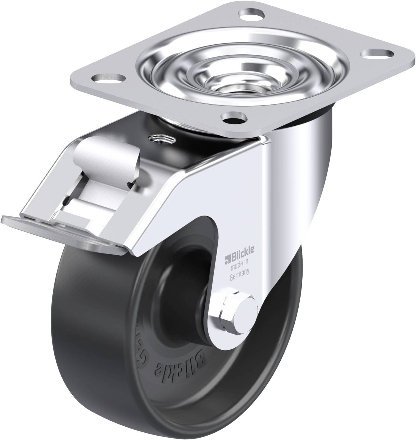 Rolle mit Metallplatte und Gummirad, geeignet für Möbel oder Ausrüstungen. Silbernes Gehäuse mit Befestigungsmöglichkeit.