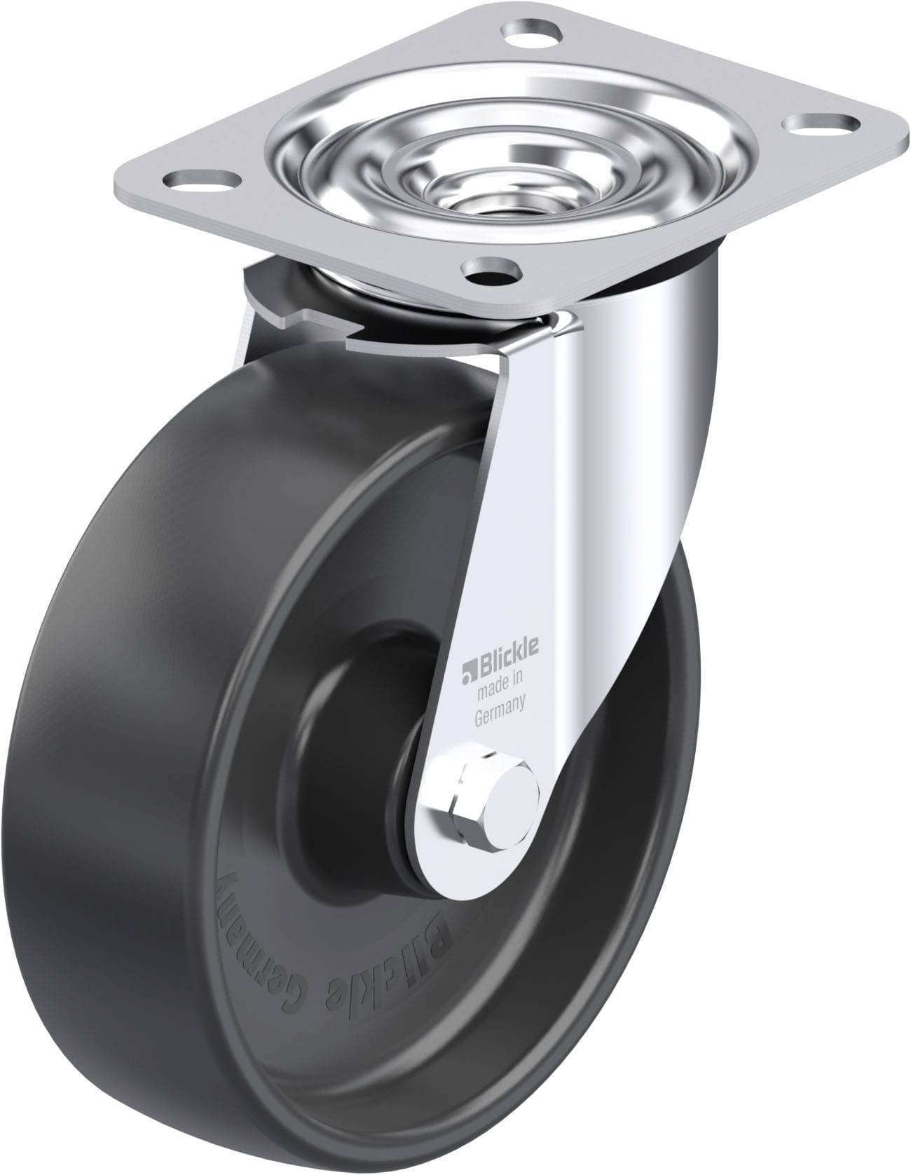 Schwenkrolle mit schwarzem Rad und silbernem Metallgehäuse. Marke 'Blickle' und Aufdruck 'Germany'. Geeignet für Transportwagen.