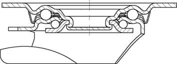 Querschnitt eines Kugellagers mit kugelförmigen Bestandteilen und Lagergehäuse, zeigt Aufteilung und Anordnung der Bauteile.
