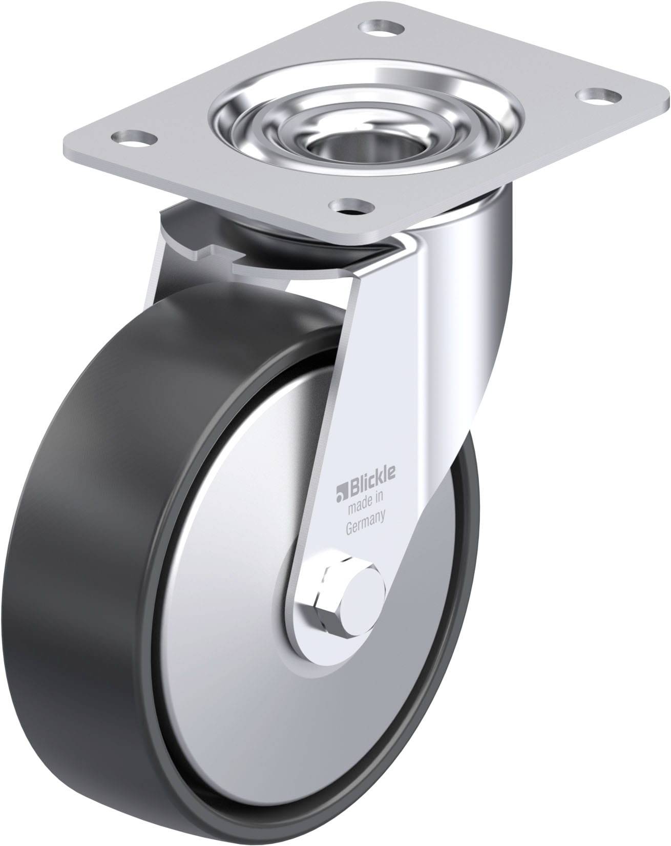 Metallisches Möbelrollenrad mit schwarzem Reifen und silberner Halterung.