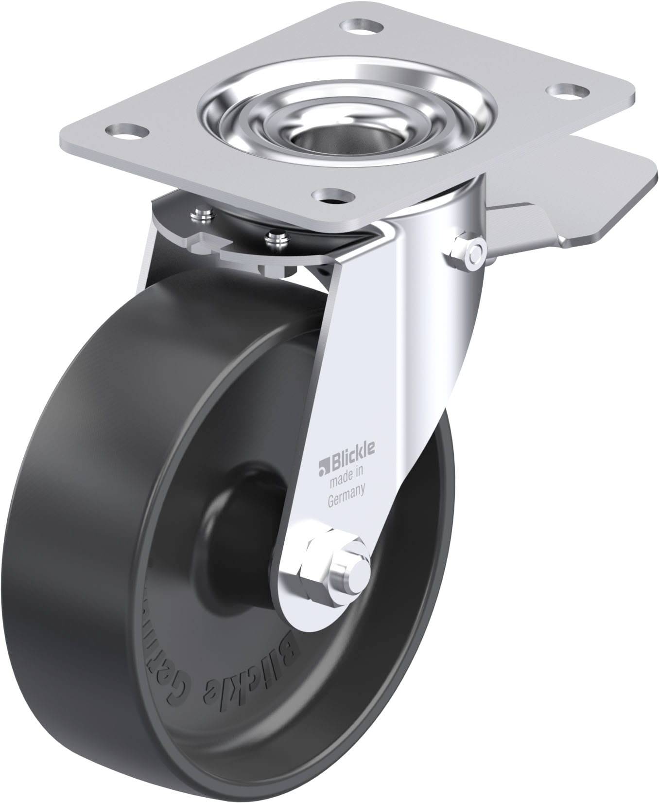 Metallisches Lenkrollenrad mit schwarzem Kunststoffrad und silberner Halterung, geeignet für Möbel oder Gerätebeweglichkeit.