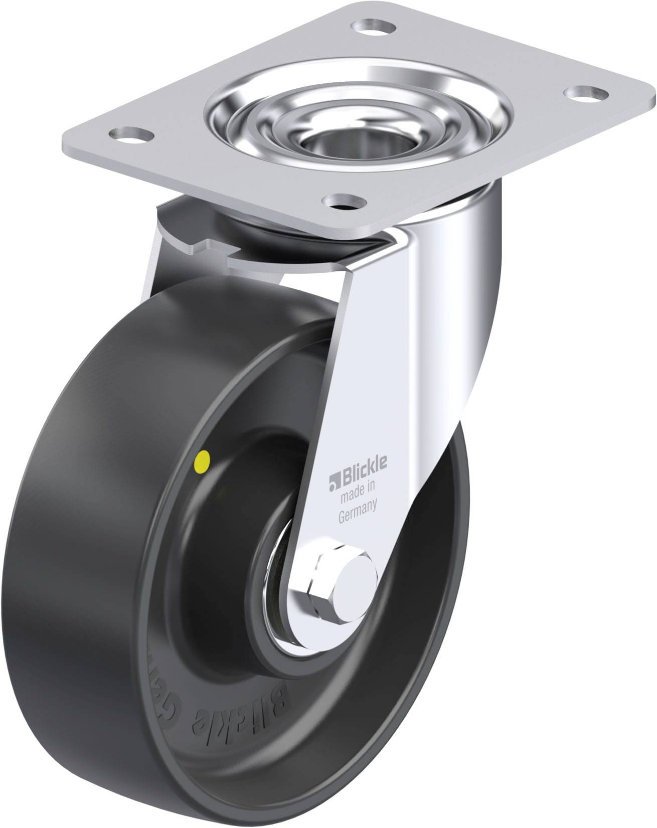Industrie-Rolle mit metallischer Halterung und schwarzem Rad. Geeignet für Möbel oder Gerätebewegungen.