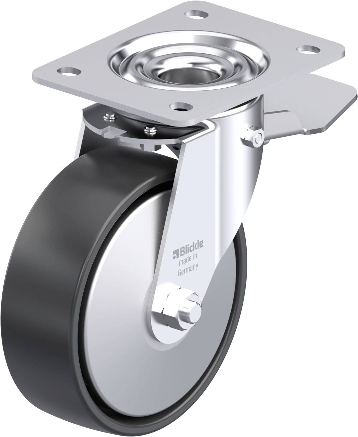 Eine drehbare Industrie-Rolle mit Metallplatte und schwarzem Rad, geeignet für den Einsatz an beweglichen Geräten oder Möbeln.