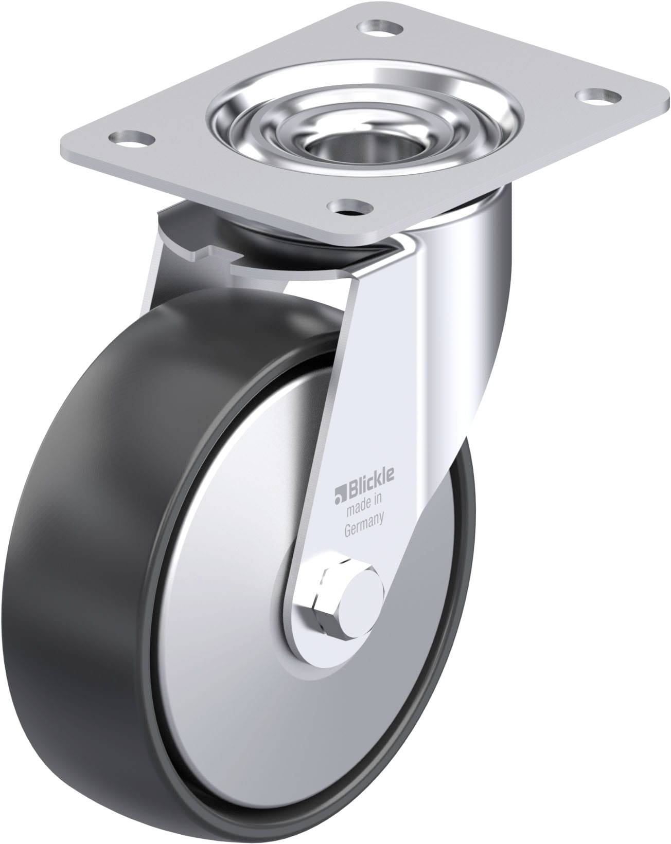 Lenkrolle aus Metall mit schwarzem Rad, Markenname darauf sichtbar.