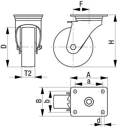 Technische Zeichnung einer drehbaren Rolle mit Maßangaben. Zeigt Vorder-, Seiten- und Oberansicht des Rads mit Beschriftungen A, B, D, F, H, T2 und d.