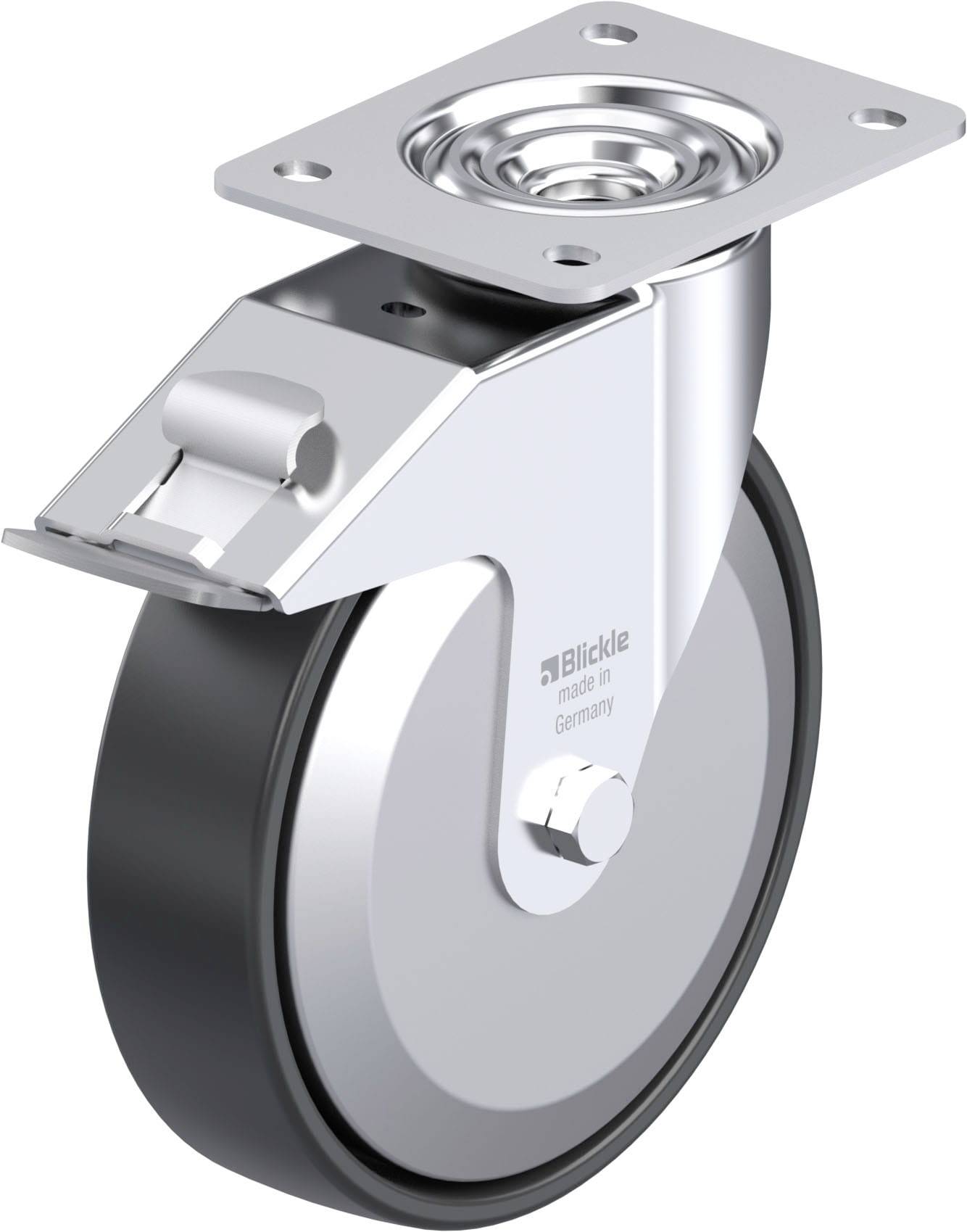 Schwenkrolle aus Metall mit Gummirad und Montageplatte. Hergestellt in Deutschland von der Firma Blickle. Ideal für bewegliche Möbel.