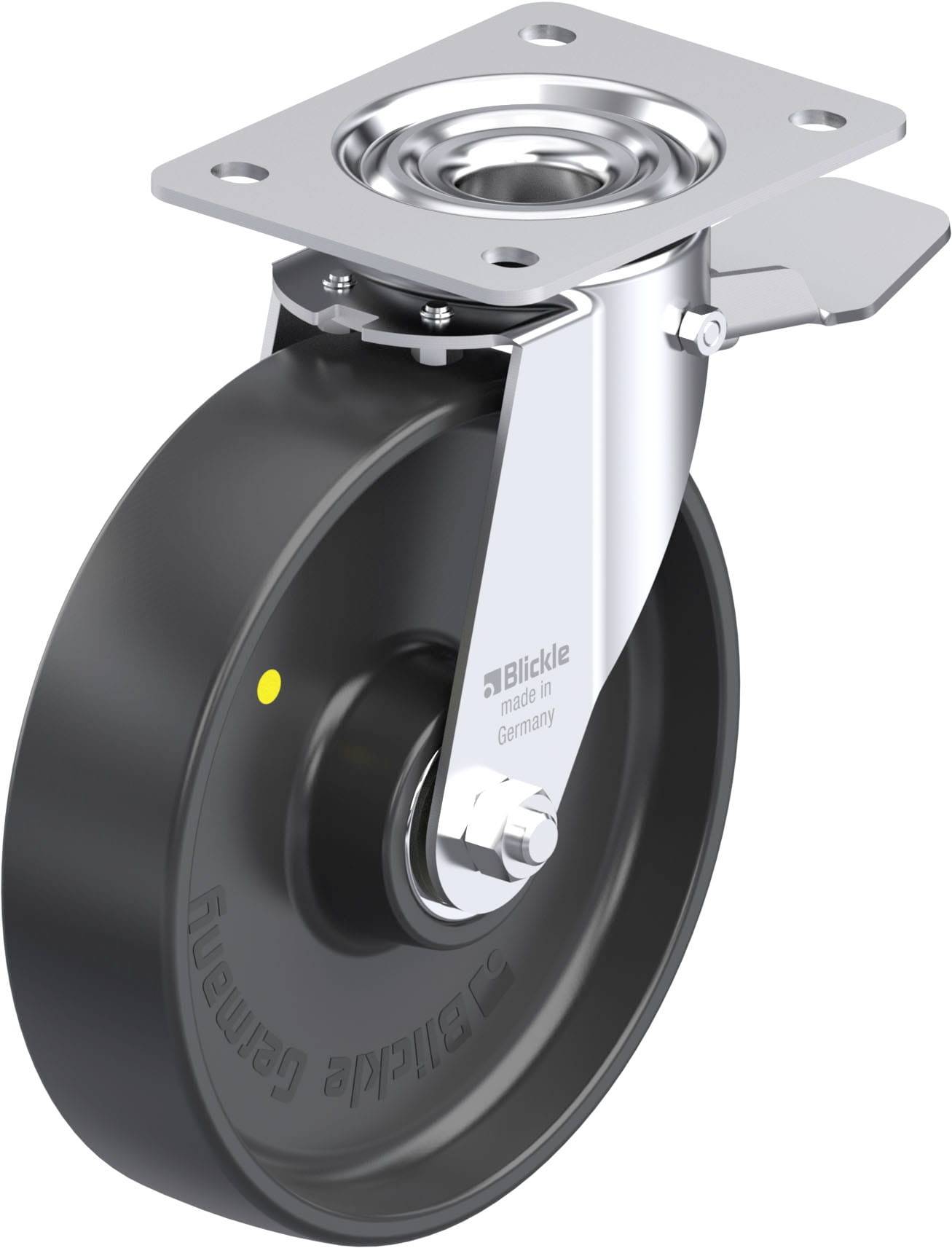 Ein einzelnes schwarzes Laufrollenrad mit Metallgehäuse und drehbarer Halterung, geeignet für industrielle Anwendungen.