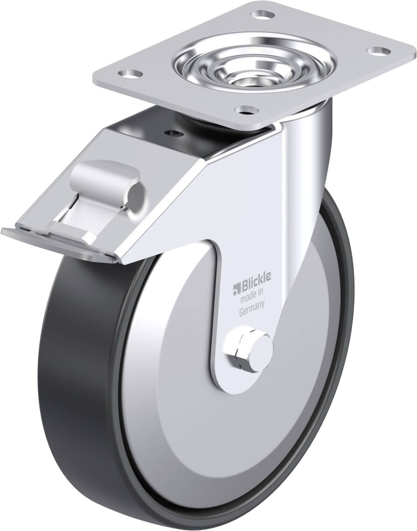 Ein Metall-Lenkrolle mit Befestigungsplatte; zeigt industrielle Anwendungen und Mobilität, Markenkennzeichnung 'Blickle' sichtbar.