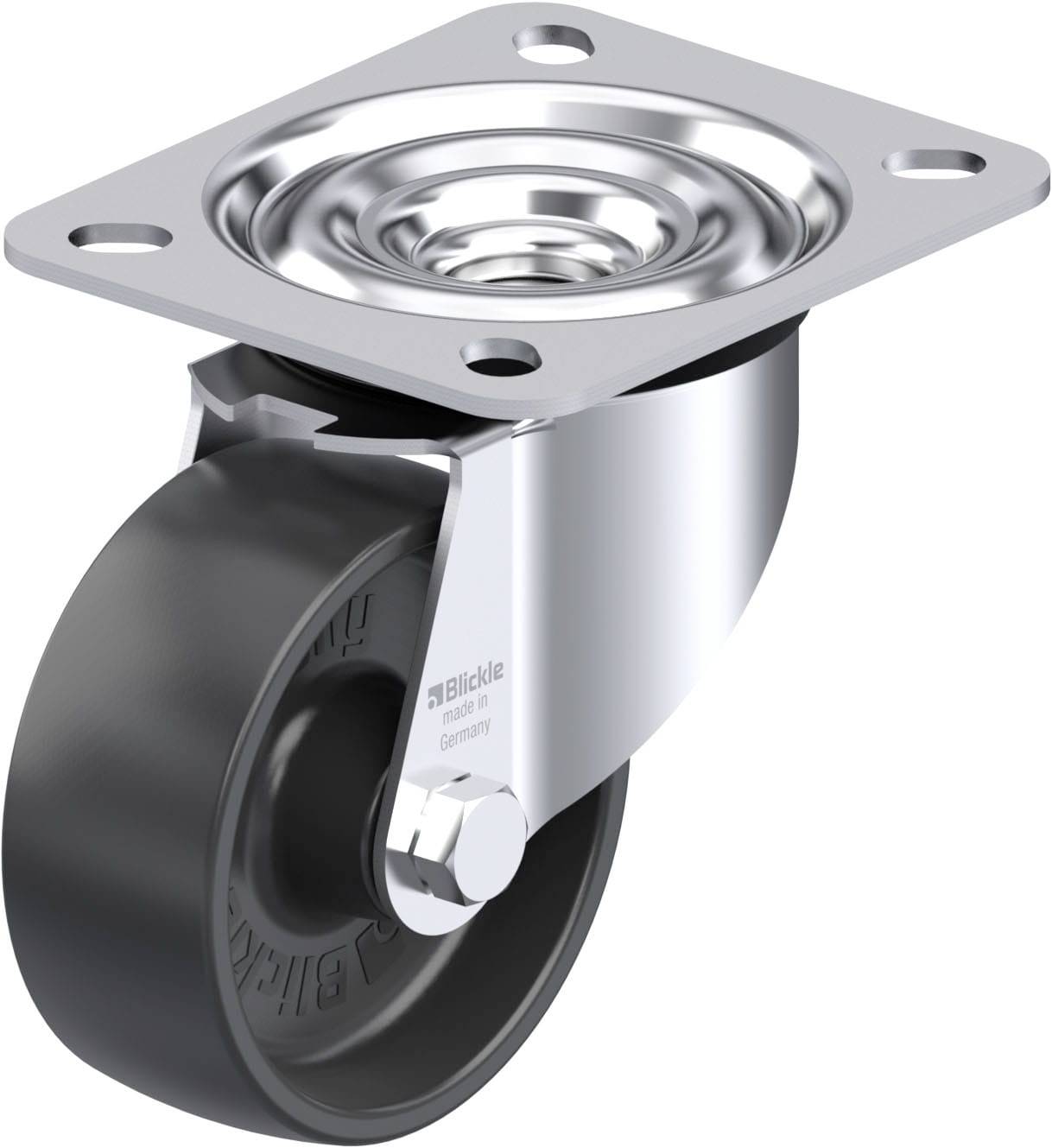 Ein schwarzes Rad mit Stahlhalterung, geeignet für Möbel oder Geräte. Es hat eine flache Montageplatte mit vier Löchern.