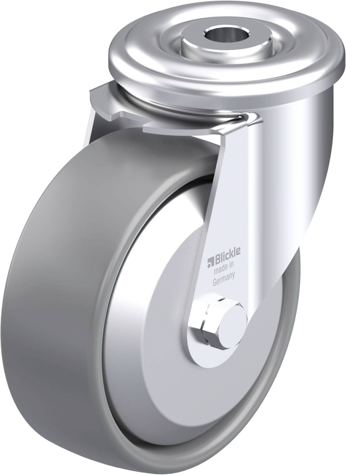 Eine silberne Lenkrolle aus Metall mit grauem Rad und Halterung. Sie ist robust und für die Mobilität von Geräten entwickelt.