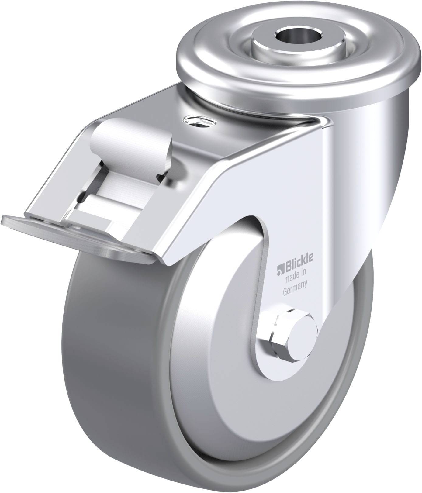 Lenkrolle aus Metall mit grauem Rad, seitlicher Halterung und Blockierungsmechanismus, geeignet für industrielle Anwendungen.
