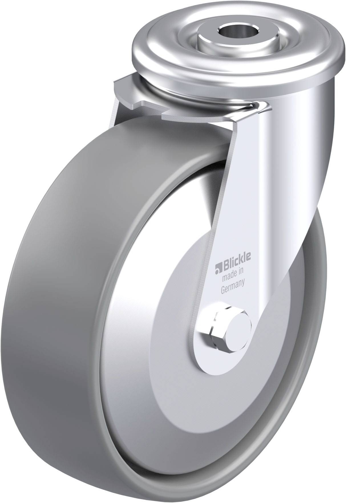 Ein silbernes Schwenkrad aus Metall, mit der Aufschrift 'Blickle made in Germany' auf der Seitenplatte, vor weißem Hintergrund.