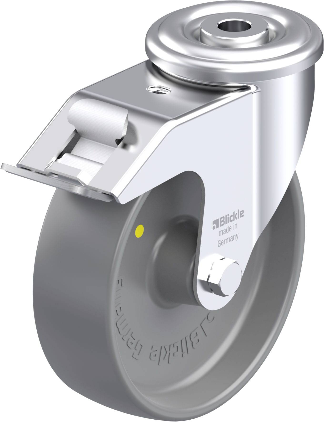Grauer Industrierollenrad mit Halterung und feststellbarer Bremse. Auf der Seite steht 'Blickle made in Germany'.