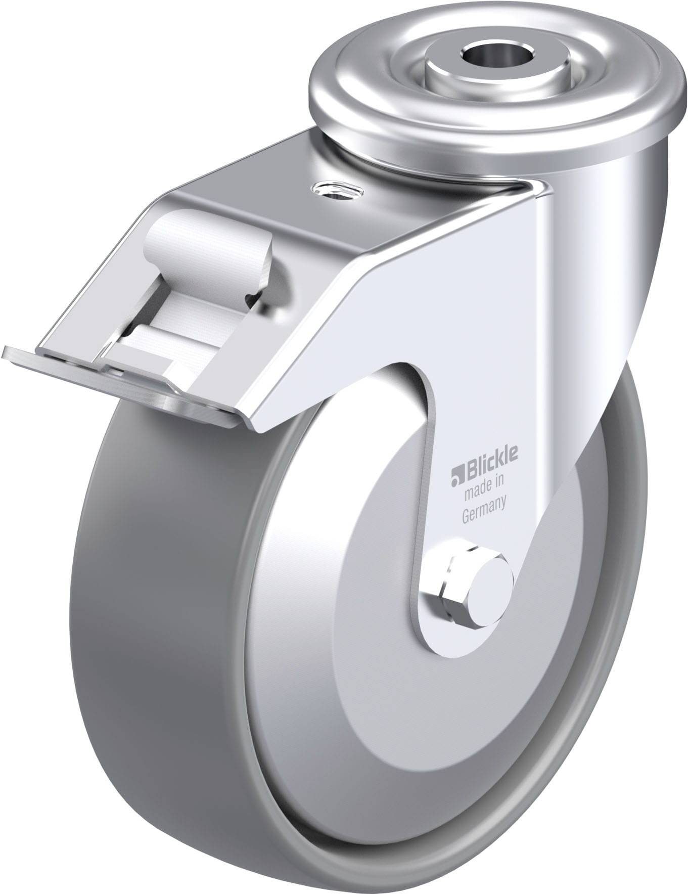 Industrie-Rollenrad aus Metall mit Halterung. Markiert mit 'Blickle made in Germany'. Geeignet für schwere Lasten in industriellen Anwendungen.