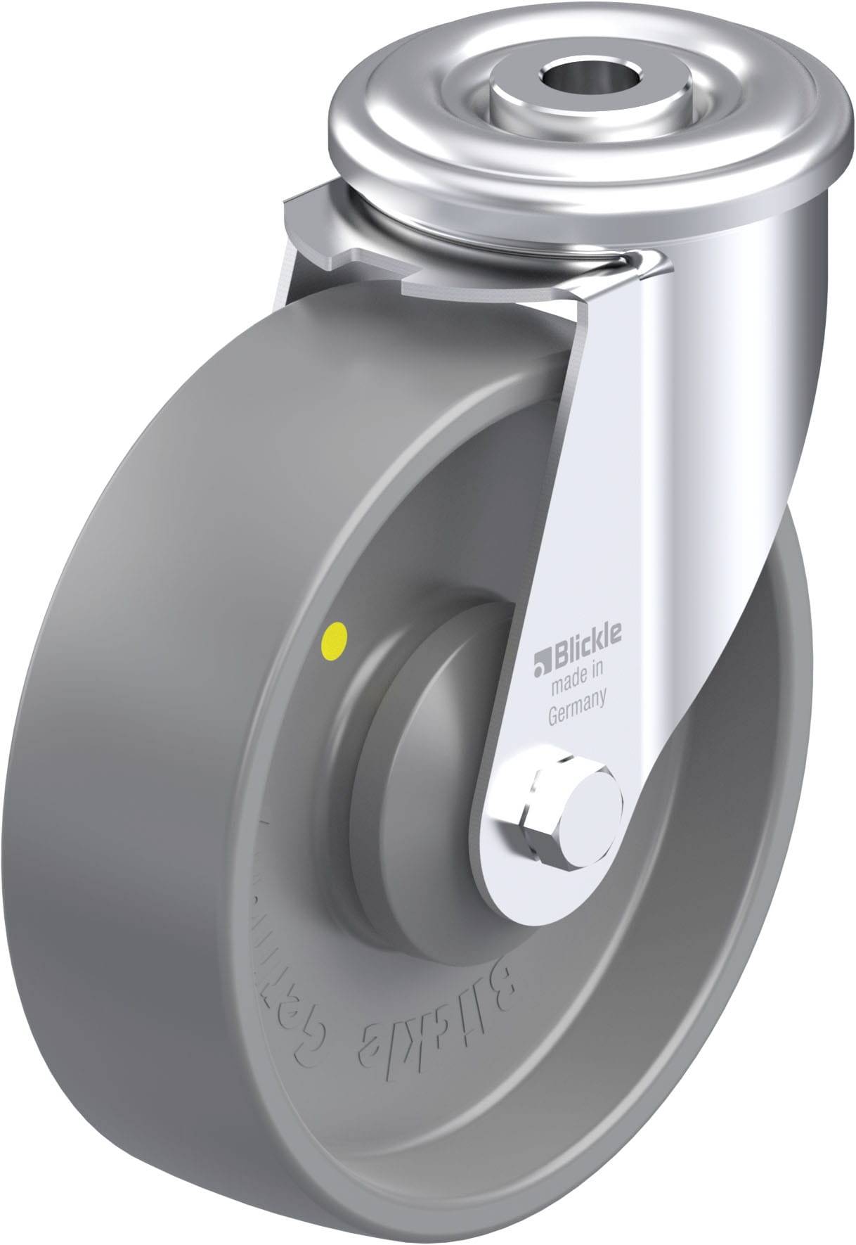 Drehbares Lenkrollenrad mit grauem Gummireifen und silbernem Metallgehäuse. Herstellerschriftzug und 'made in Germany' sichtbar.