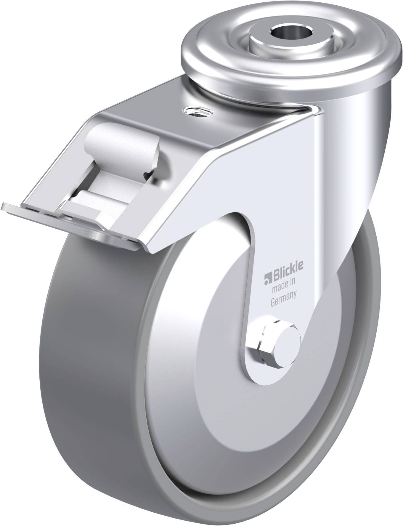 Grau-silbernes Industrierad mit Drehgelenk, beschriftet mit 'Blickle made in Germany'.