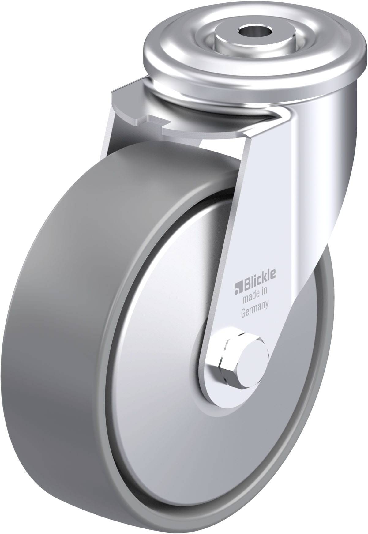 Graue, robuste Industriefeststellrolle aus Metall mit Aufschrift 'Blickle, made in Germany'. Hauptsächlich für schwere Lasten verwendet.